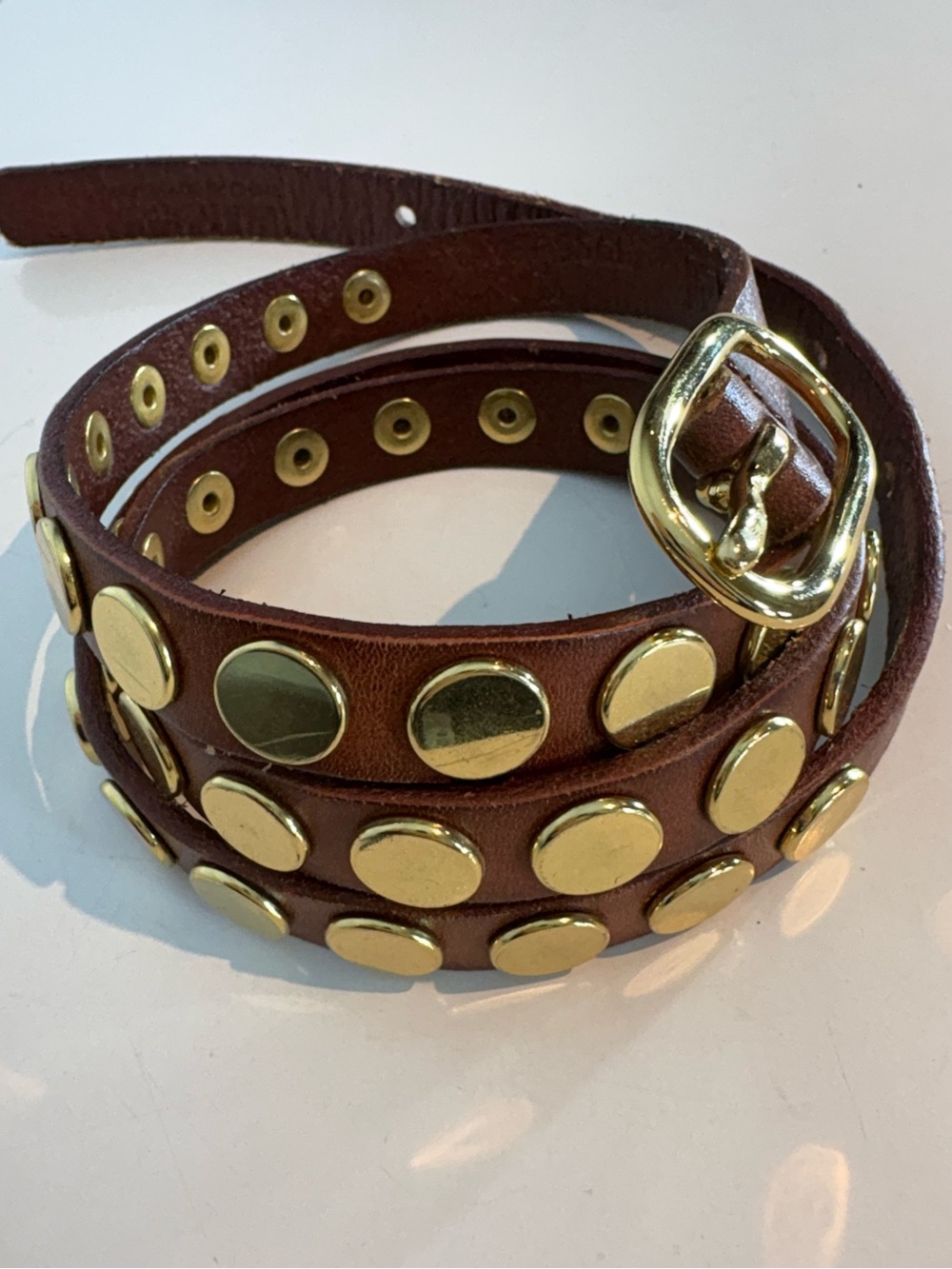 Linea Pelle Belt Ricky Skinny Brown Leather Flat-Studded  Belt Size M